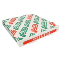 CAJAS DE PIZZA 348 G/M2 26 x 26 x 3,5 cm. 2 CAPAS DE PAPEL RECICLADO + 1 INTERIOR 100% VIRGEN/ BLANCO CARTÓN MICROCANAL