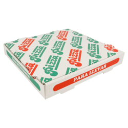 CAJAS DE PIZZA 348 G/M2 26 x 26 x 4 cm. 2 CAPAS DE PAPEL RECICLADO + 1 INTERIOR 100% VIRGEN/ BLANCO CARTÓN MICROCANAL