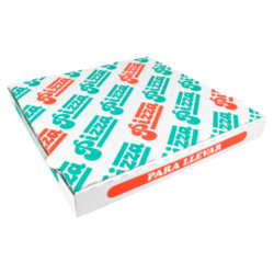 CAJAS DE PIZZA 348 G/M2 32 x 32 x 3,5 cm. 2 CAPAS DE PAPEL RECICLADO + 1 INTERIOR 100% VIRGEN/BLANCO CARTÓN MICROCANAL
