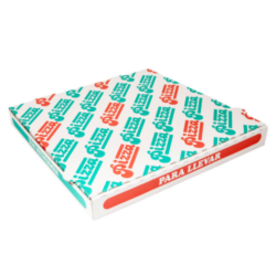 CAJAS DE PIZZA 348 G/M2 33 x 33 x 3,5 cm. 2 CAPAS DE PAPEL RECICLADO + 1 INTERIOR 100% VIRGEN/BLANCO CARTÓN MICROCANAL