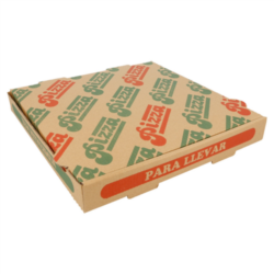 CAJAS DE PIZZA 350 G/M2 26 x 26 x 3,5 cm. 2 CAPAS DE PAPEL RECICLADO + 1 INTERIOR 100% VIRGEN /NATURAL CARTÓN MICROCANAL